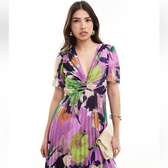 ASOS Pleated Floral Flutter Short Sleeve Midi Dress NEW 6 - Picture 4 of 10